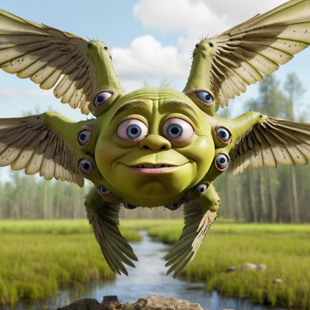 <lora:biblical_angels:0.9> biblicalangellora, multiple eyes, multiple wings, (shrek:0.9), swamp, flying, only head, large surroundings rings