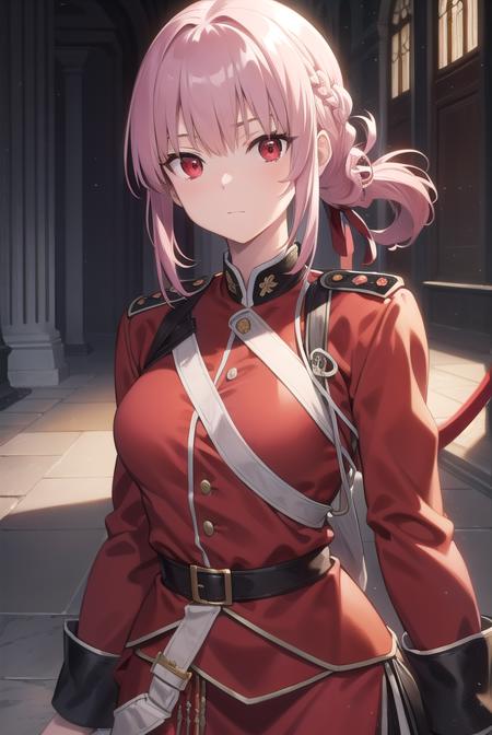 florencenightingale, <lyco:florencenightingale-lyco-nochekaiser:1>,
florence nightingale, pink hair, long hair, (red eyes:1.5), hair braid, sidelocks, folded ponytail, single braid, braid, braided ponytail,
BREAK military, military uniform, uniform, (red uniform:1.5),
BREAK looking at viewer,
BREAK indoors,
BREAK <lyco:GoodHands-beta2:1>, (masterpiece:1.2), best quality, high resolution, unity 8k wallpaper, (illustration:0.8), (beautiful detailed eyes:1.6), extremely detailed face, perfect lighting, extremely detailed CG, (perfect hands, perfect anatomy),