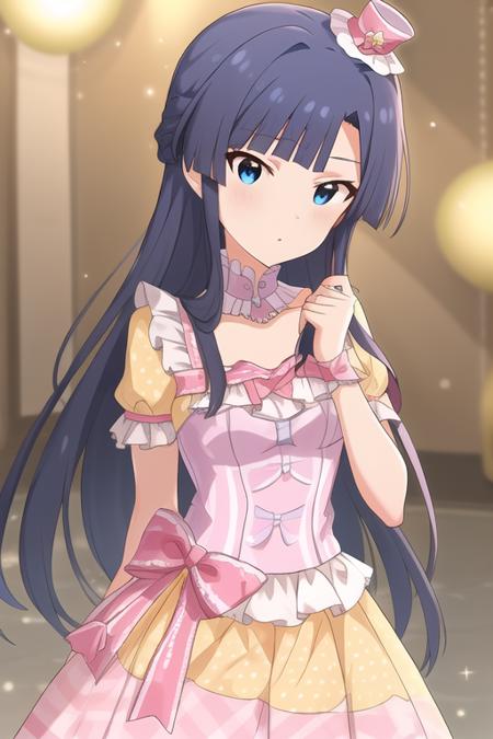 <lora:LegendGirls:0.8>LegendGirls, dress,(mini hat:0.9),yellow dress,purple dress, 
<lora:mirishita-v2.1:0.5>SHIZUKA MOGAMI,long hair, black hair, blue eyes,  dress, half updo, bow, jewelry, skirt,blue hair, hair ornament, bangs,medium breasts
masterpiece, best quality,1girl,