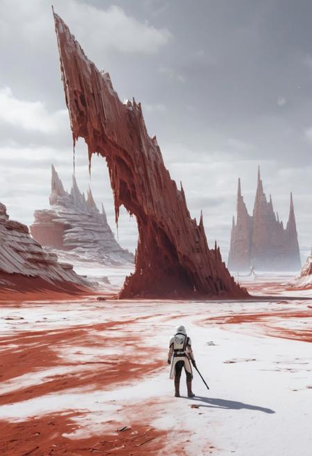 Star Wars-inspired rebel structure on planet Crait, covered with a layer of white salt over its red soil, with a lone futuristic wanderer in the distance, approaching the base from afar, barely visible against the stark landscape