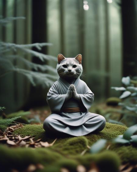 a stablishing shot capturing the forest scene with the anthropomorphic cat meditating in the foreground, dressed in grey monk attire, adding a sense of calm and balance to the composition. The surrounding foliage is lush and verdant, with a gentle breeze causing some movement in the leaves.