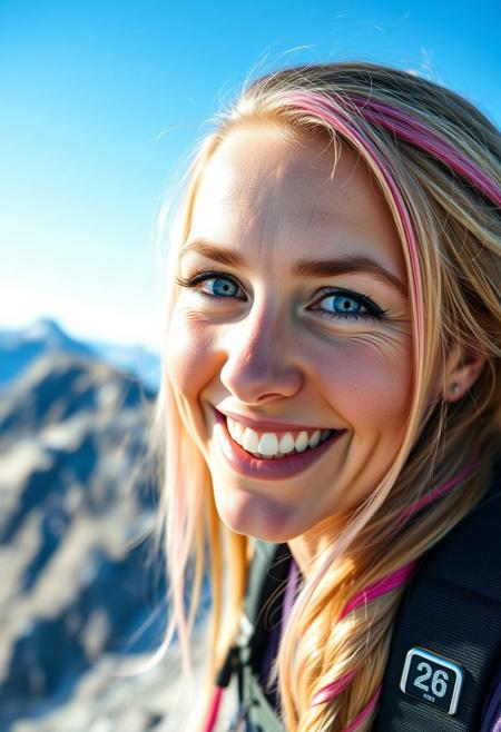 A close-up of a 26-year-old athletic woman with blue eyes and long blonde hair with pink streaks, smiling joyfully at the summit of a mountain, with a clear blue sky and rugged peaks in the background. She is wearing hiking gear.