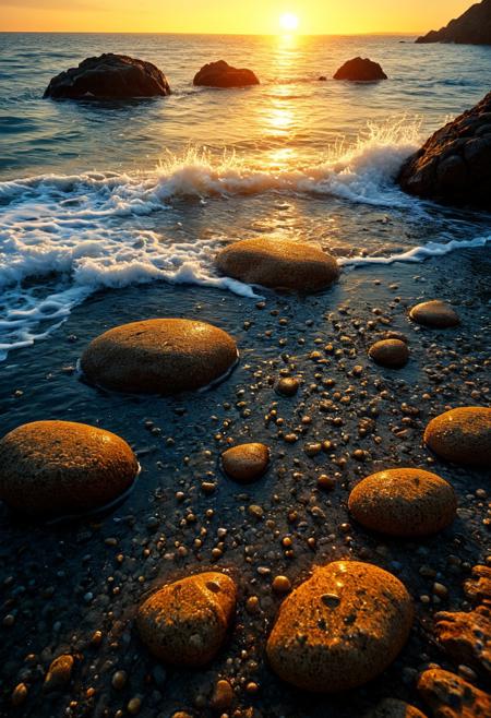 Sunrise Over a Rocky Beach
As the sun rises over a rocky beach, its light glistens on wet, smooth stones, casting sparkling reflections as the waves gently recede. Pedro Campos’s photorealism brings perfect clarity to the wet rocks, capturing every intricate detail. Boris Vallejo’s dramatic lighting intensifies the scene, bathing the beach in a warm, golden glow that contrasts with the cool blue water. Roberto Bernardi’s meticulous attention to detail adds life to the smallest droplets of water, making the scene feel vivid and alive. Together, these elements evoke a serene yet powerful coastal moment at sunrise.
detailmaximizer, aidmaMJ6.1,  Movie Still, Film Still, Cinematic, Cinematic Shot, Cinematic Lighting, detailxl, flux-style, midjourneyv6.1