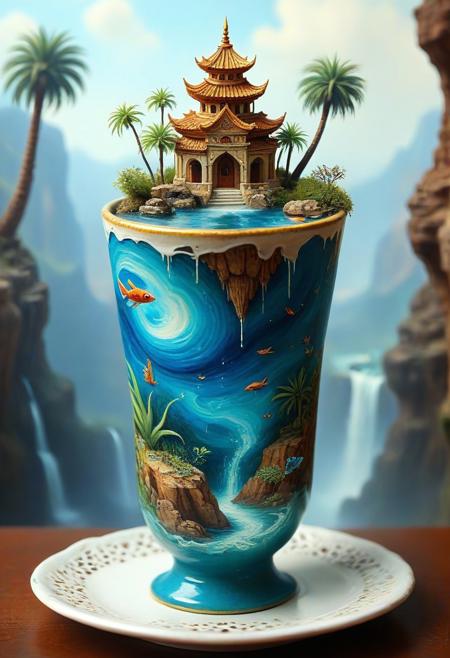 tilt-shift photo of best quality double exposure complex surreal painting on cracked paper, macro, microworld,  hyperdetailed,   insanely detailed, surreal, tiny genie spirit creature, flying oasis landscape placed inside a cup on the table in room. waterfall, lotus flowers,temple palms desert filigree, table cinematic, big eyes 32k, by Rockwell, WLOP Ryniac, Craola, Disney, van Gogh, highly detailed, intricated, intricated pose, high quality, centered, perfect composition.,
<lora:Midjourney_-_SemiReal_Dreams_FLUX_LoRA:1>,<lora:hyper-detail-illustration:1>, Selective focus, miniature effect, blurred background, highly detailed, vibrant, perspective control