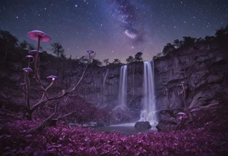 A dreamlike nightscape where waterfalls flow upwards, defying gravity, in hues of violet and silver. Celestial bodies hang impossibly low in the velvet sky of deep blue. Bioluminescent mushrooms in soft pinks and purples dot the forest floor. Style: Salvador Dali meets fantasy, soft focus, ethereal.
Photographer Reuben Wu Style