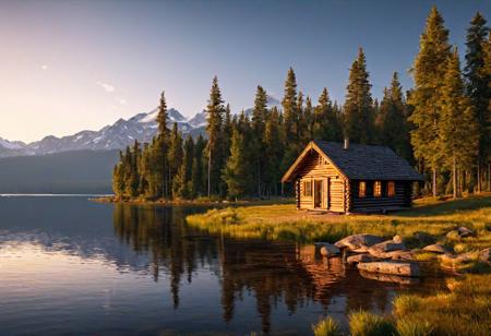 Solitude, a lonely cabin on a lake shore, forest and mountains in the distance, (best quality, 4k, photorealistic, HD, UHD, HDR), evening, natural lighting