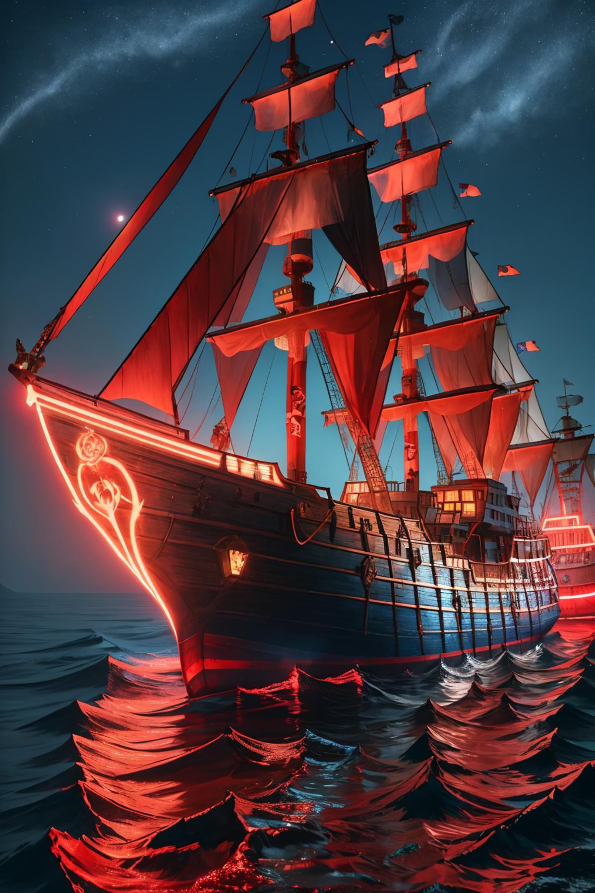 A large pirate ship sailing on the open sea with red lights.