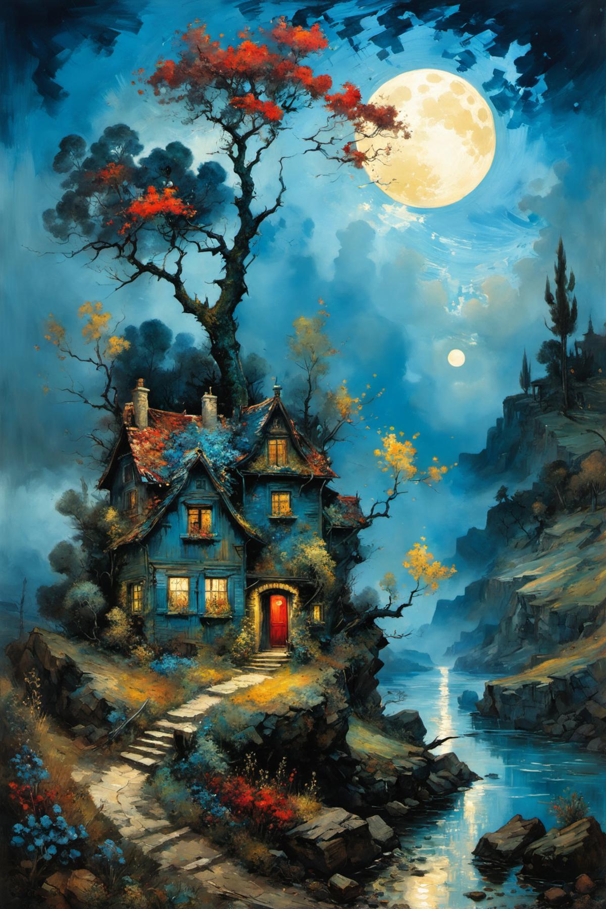 A magical, fantasy painting of a blue house with a red door, set in a forest, with the moon in the background.