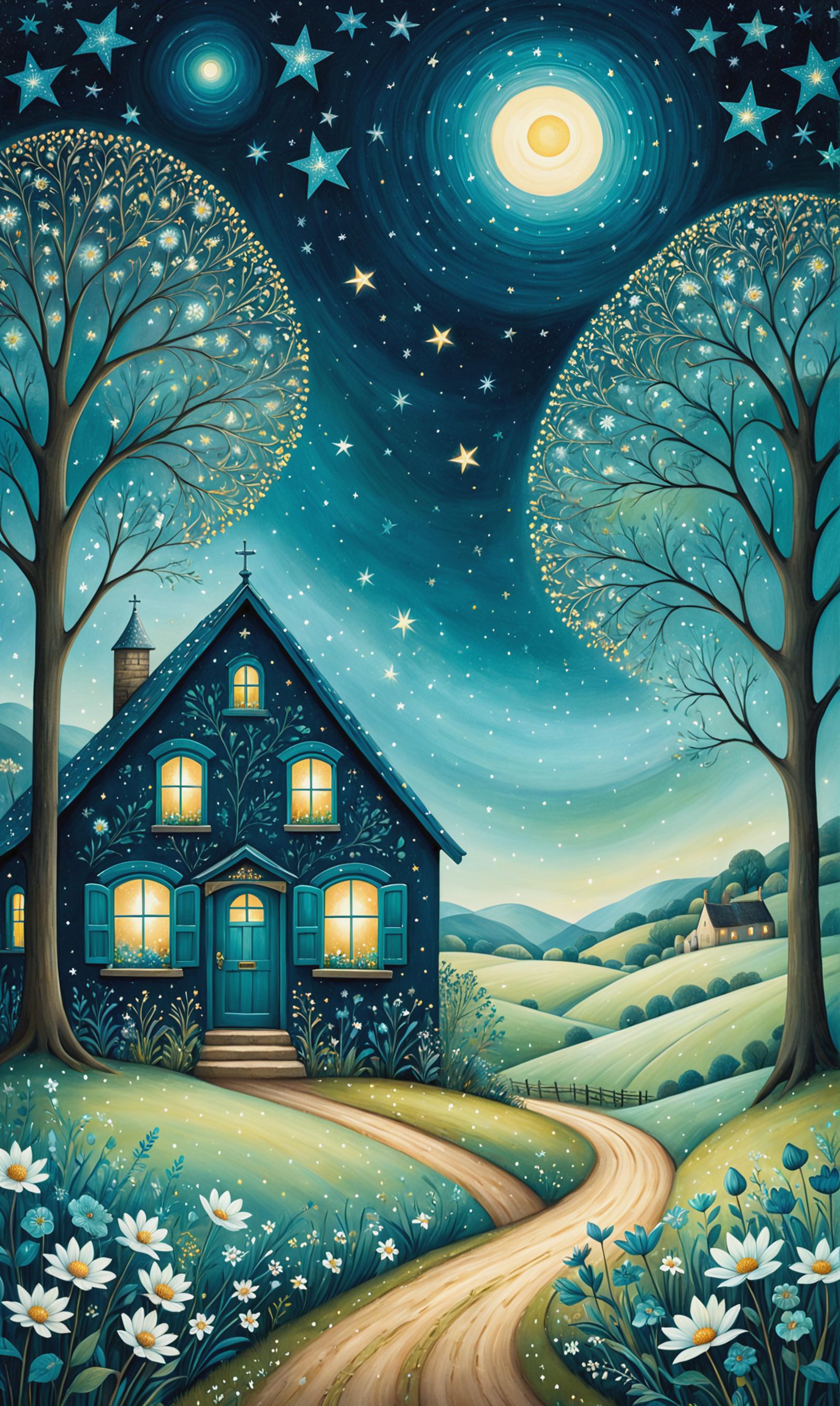 A painting of a blue house with a starry night sky and trees in front of it, with a lit doorway.