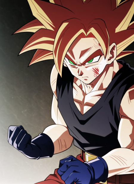 dbsuper style, 
1boy, aura, belt, red hair, bruise, bruise on face, clenched hands, frown, furrowed brow, gloves, green eyes, grey gloves, injury, male focus, muscular, muscular male, solo, spiked hair, super saiyan god, upper body, vest
, ((masterpiece))
<lora:dbsuper_style_offset:1>