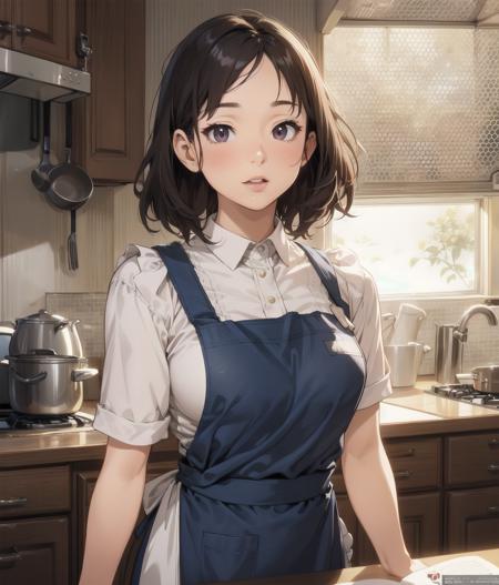 best_quality,Raw,illustration,official art,detailed linear hatching\(texture\),(muted color,partially colored:0.8),recolored,flat color,sunny,(female,36yo,mature face,curvy,apron,kitchen,upper body ),arm across chest,