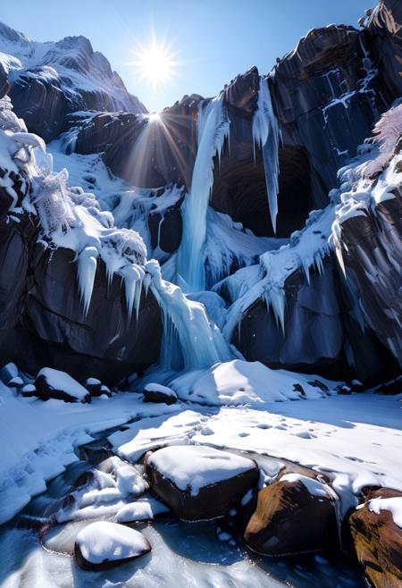 score_9, score_8_up, score_7_up, score_6_up, score_5_up, score_4_up, (absurdres, best quality, masterpiece:1.4), illustration, photorealistic, cinematic lighting, dynamic angle, perfect composition, ice, frozen waterfall, icy cliffs, crystal clear, snow-covered rocks, serene, winter landscape, sparkling in the sun, untouched, tranquil
