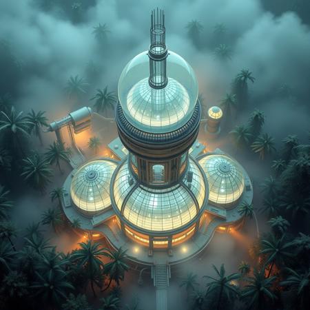 aerial view, a futuristic masive 3d multiple glass domes pipes and tower,research complex in a bright foggy jungle, hard lighting,