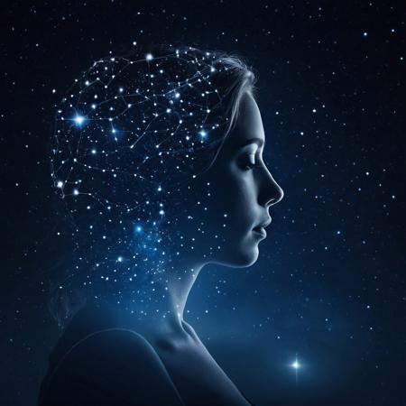 The human profile in the form of a constellation is filled with a night sky full of stars.double exposure