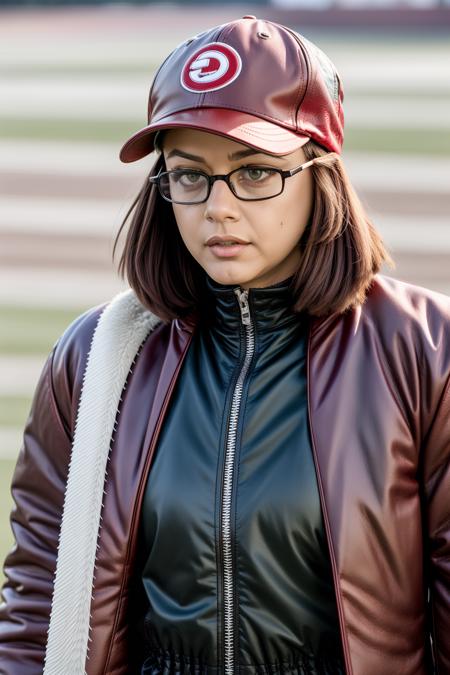 <lora:add_detail:0.2>,  <lora:GoodHands-vanilla:1>,pr33t1, portrait, glasses, wearing a red jacket with a cap and jersey and pants, <lora:preeti-05:1>,stadium bg, ((full body)),  grass field,  sharp focus, 35mm, epic character composition, studio lighting , dark theme, subsurface scattering, bokeh, f2, film grain, <lora:lit:0.45>