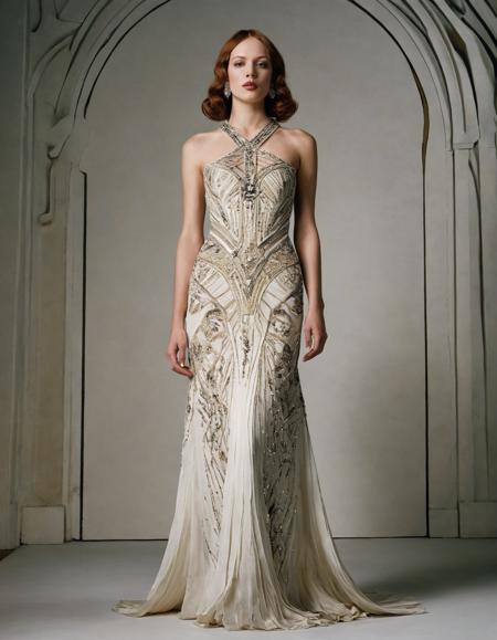 Renaissance style <lora:Alexander McQueen-art deco:1>,Alexander McQueen,art deco,dress,standing, full body,, hair, forehead, eyebrows, eyes, nose, lips, neck, collarbone, . Realistic, perspective, light and shadow, religious or mythological themes, highly detailed