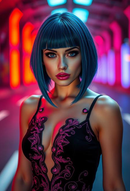 a gorgeous 30 years old caucasian woman, very pale skin, blue long bob hair with bangs, long black eyelashes, (blue eyebrows), black mascara defines her long eyelashes, black eyeliner defines her big beautiful (violet eyes), hot pink glittering eyeshadow, luscious sensual hot pink glossy lips, rouge, sexy curves, futuristic dress with cleavage and neon embroidery, looking at viewer sensually and dominantly, seductress, playful, Futuristic road with neon lights, professional realistic photo