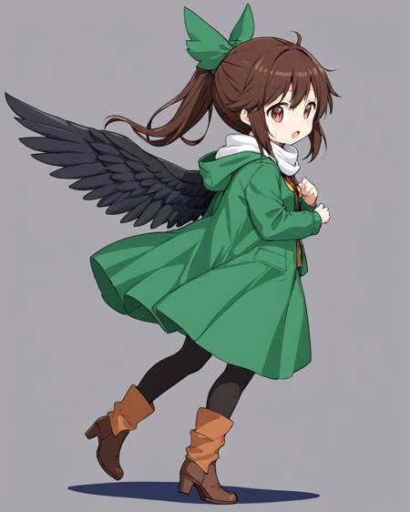 reiuji utsuho,1girl, solo, green_bow, open_mouth, looking_at_viewer, hair_bow, full_body, from_side, long_sleeves, hood, grey_background, contemporary, simple_background, alternate_costume, ponytail, bird_wings, scarf, black_wings, green_skirt, jacket, backpack, casual, :d, high_heel_boots, brown_footwear, pants, ankle_boots, one-hour_drawing_challenge, black_pantyhose, standing
<lora:reiuji_utsuho_image6498_2023-12-20-000005:1>,star-shaped_pupils,symbol-shaped_pupils,. gorgeous,key visual, vibrant, studio anime,award-winning, professional, highly detailed,high budget, cinemascope