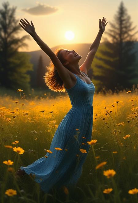 Portrait of a woman, 
full body, 
arms extended, 
eyes closed, 
face conveying overwhelming emotion, 
backlight casting a soft glow on her silhouette, 
chiaroscuro effect, 
positioned in a serene meadow with wildflowers tossing in the gentle breeze, 
detailed facial expressions capturing a mix of joy and poignancy, 
sunset painting the sky in warm hues, 
shadows elongating her form on the grass, 
high resolution, 
ultra-realistic, 
golden ratio