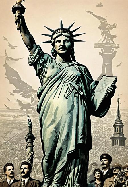 (An ink illustration), of the statue of liberty with stalin's face, (beautiful vector shapes:1.3), highest quality, sharp details, oversaturated, detailed and intricate, original artwork, trendy, vintage, award winning, artistic,