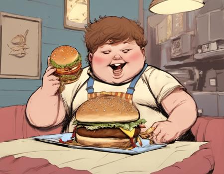 a fat kid eating a burger,   jsmn style <lora:jsmnStyle:1>