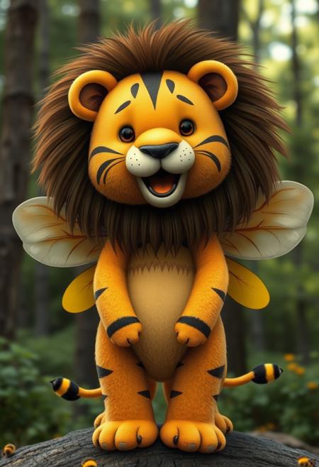 Cute lion with bumblebee wings and yellow-and-black stripes.  Bee abdomen. Forest background.