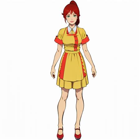 masterpiece,high quality,white background,solo,
<lora:cecilia002:0.7>,smile, 
cecilia,1woman,
long hair,high ponytail,red hairbangs,makeup,green eyes,lipstick,
waitress,yellow uniform,collared dress,buttons,short sleeves,layered sleeves,apron,frill,
shoes,