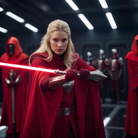 cinematic film still of  <lora:Crimson Guard:1.5>
Crimson Guard a blonde woman in a red robe and armor and force pike with dark background Star Wars Universe, shallow depth of field, vignette, highly detailed, high budget, bokeh, cinemascope, moody, epic, gorgeous, film grain, grainy