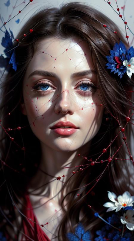 close up,portrait, light behind subject,beatiful face,russian beautiful woman,((russian folk clothing)),red kokoshnik,spiderweb,(( art  by Agnes Cecile ))  ((painting named surrealistic dream of mystery utopia)),(horror vibe, dark scenery) ((horror)) (limited colors, red, blue, white) BREAK perfect quality,best quality,ultrasharp,ultradetailed,perfect quality,masterpiece,intricated details,wallpaper,8k, paradox, adrian ghenie, jenny saville, edward hopper, surrealism, dark art by james jean, takato yamamoto, inkpunk minimalism, fashion magazine, editorial photography,  <lora:ip-adapter-faceid_sd15_lora:0.22>