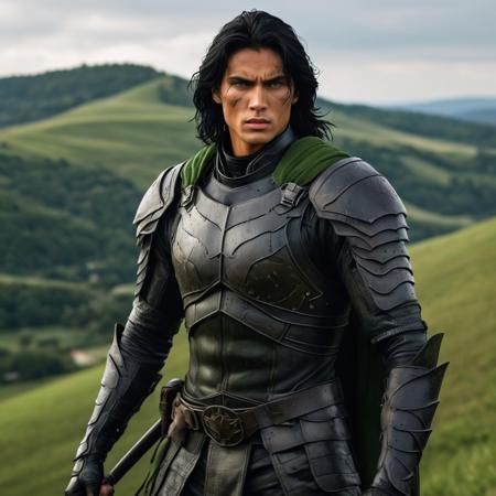 The handsome warrior's long black hair falls in unruly waves around his chiseled features; his face is narrow with high cheekbones, handsome despite the scars running downthe cheek from his right brow , ending near his finely shaped mouth. his intense green eyes scan the horizon for the enemy troops' movements. His battle scars tell the story of his many victories and the fierce determination that drives him, making him a leader worthy of the name. He stands tall upon the hill, his broad strong hand on the hilt of his elegant sword. His armour is matte black, perfectly made of leather and steel, but used and worn through many battles. behind him, the hills rise higher and higher into wooded mountains on the far horizon. Full body image, wide angle shot, cinematic, volumetric lighting, dramatic lighting; clear focus, 8k resolution splash screen art photorealistic anatomy,
