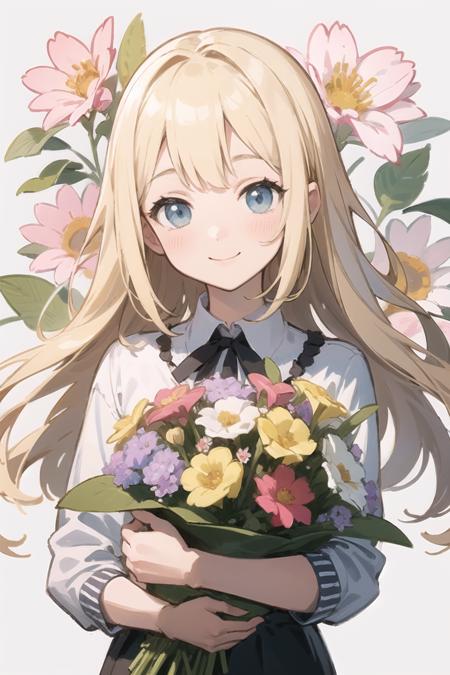 (finely best quality illustration:1.2), (kawaii girl:1.0), (1girl, solo:1.0), (blonde long hair:1.0), (smile:1.1), (holding a bouquet:1.0), (upper body:1.0), (flower garden, floral background:1.0), (ultra-detailed, highres:1.0),