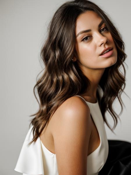 Realistic photo of a beautiful m1l4k-v2 woman,  1girl, solo, long hair, looking at viewer, simple background, brown hair, shirt, black hair, white background, dress, brown eyes, upper body, parted lips, teeth, sleeveless, black dress, lips, realistic, soft lighting, professional Photography, Photorealistic, detailed, RAW, analog, sharp focus, 8k, HD, DSLR, high quality, Fujifilm XT3, film grain, masterpiece<lora:m1l4k-v2:1.0>