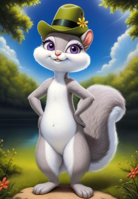 SlappySquirrelCartoon, Squirrel, green hat with flower, purple eyelids, gray fur,