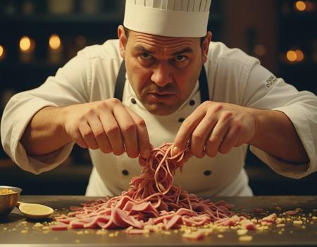 medium shot shot, A cannibalistic chef finely chopping human fingers as ingredients., (Ektachrome, Romantic, Realism, flat lighting, gilded technique, DOF, bokeh :1.3)