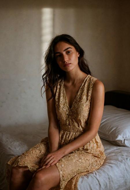 Capture a color portrait of the girl sitting on a bed in a dimly lit room, with the light from a nearby window casting dramatic, warm shadows across her face and dress. Shot on a Canon EOS R5 with an RF 50mm f/1.2L USM lens, focus on the interplay of light and shadow to create a contemplative, introspective mood, highlighting the golden hues of the light.