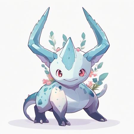 cute pokemon-style creature, floral stone creature with small spike on plain background, pokemon animal zoology illustration