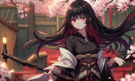 <lora:Glassv1.0:0.7>, masterpiece, black kimono, black hair ,<lora:add_detail:0.6>, (white obi belt:1), holding fan vassal weapons, mature, 1 woman, best quality, cherry trees, white pupils