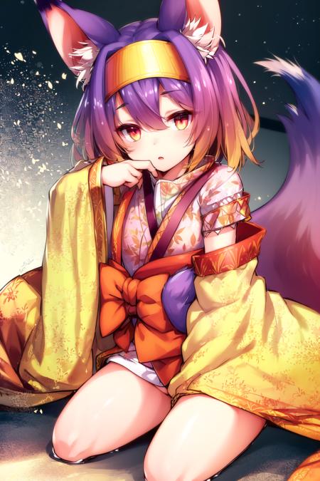 ((masterpiece, best quality:1.2)), (ultra-detailed:1.2), <lora:IzunaLora:1>, kimono, hairband, fox ears, fox tail, sitting, hand between legs, hand on face, open mouth, white background,