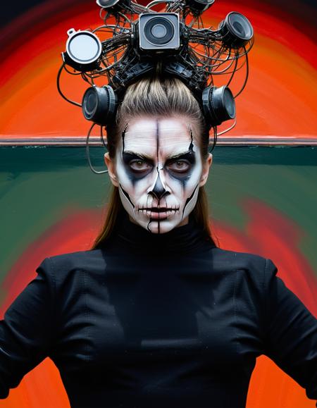 medium shot, portrait painting  , dystopian surrealism,  deathly fantastical Nightmare ,Fusion of Nature and Technology, nightmarish, facing camera,   (ohwx:1.1) woman,  dynamic background,  in a "Francis Bacon" style painting   <lora:CassidyKlein_SDXL_v1.0:.95>
