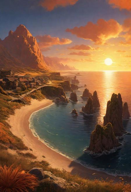 Bathed in the warm glow of a setting sun, a coastal haven reveals itself in all its glory by Al Williamson,  (panoramic , artstyle-art deco but extremely beautiful:1.4), (intricate details, masterpiece, best quality:1.4)
Terragen, beautiful massive landscape, epic scenery, Terragen, , looking at viewer
<lora:add-detail-xl:1> <lora:xl_more_art-full_v1:0.5>  <lora:looking_at_viewer:2>