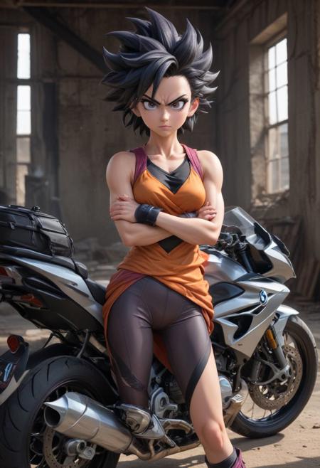 Caulifla from Dragon Ball Super leaning against a BMW superbike, her muscular arms crossed over her chest. She has a determined, almost defiant expression on her face, her wild, spiky hair framing her features. The BMW is a sleek, black model, its angular design and powerful engine hinting at Caulifla's own strength and speed. The background is a deserted, industrial setting, with crumbling walls and a moody, atmospheric lighting that emphasizes the gritty, urban feel.