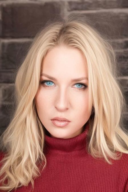 Busty Wendy, blonde hair, turtleneck sweater, 
Formal photograph, portrait, highly detailed, skin details, goosebumps, blush, detailed eyes,
Analog film photograph, hyperrealistic, photorealistic, masterpiece, RAW, HDR, 8k