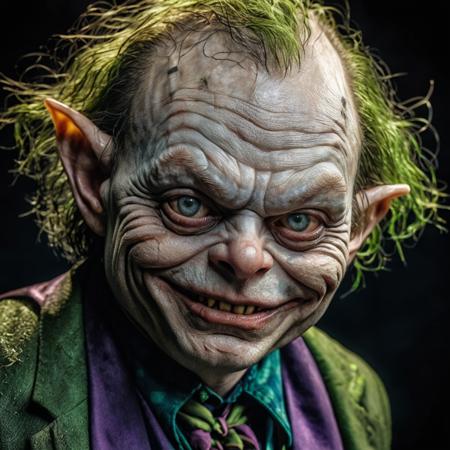 portrait of fat gollum as joker, highly detailed,hdr, hyperdetailed:1.2,cinematic shot,extremely high-resolution details,photographic,realism pushed to extreme,fine texture,incredibly lifelike