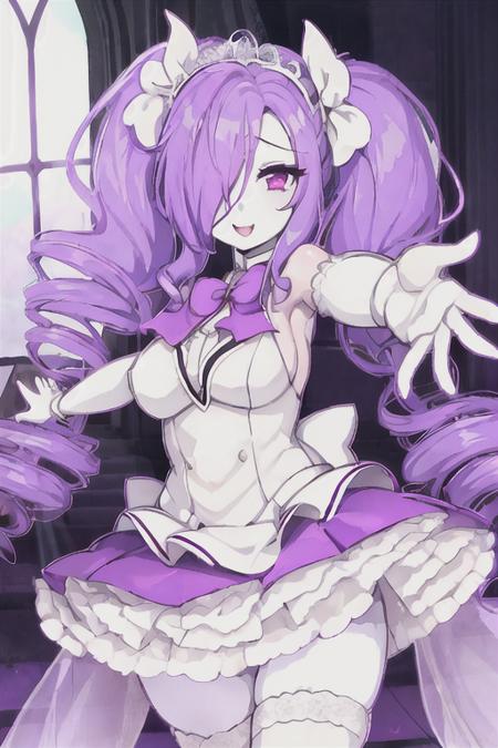  generica, 1girl, solo, skirt, purple hair, hair over one eye, purple eyes, long hair, twintails, drill hair, ((white skin))