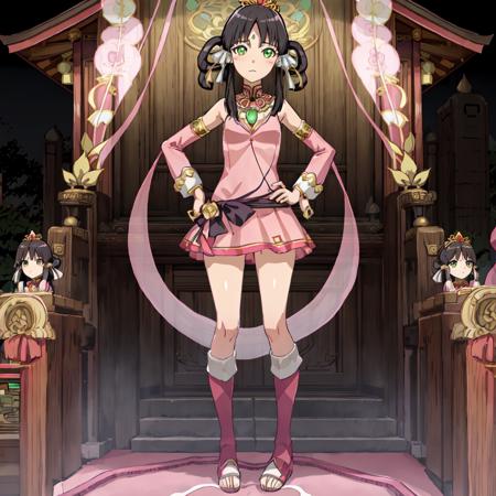 Raypa_Padma_Kurin,1girl, solo, black hair, pink dress, pink skirt, ribbon, bare shoulders, jewelry, green eyes, sidelocks, red detached sleeves, necklace, flat chest, facial mark, chinese clothes, tiara, hair rings, red footwear, standing, full body, hand on hips