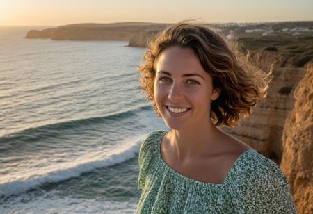 Algarve Cliffside Serenity**  
*A 35-year-old woman (sun-kissed skin, green eyes, wavy short hair) stands atop Algarve’s cliffs, wind lifting her linen dress. Her oval face, with its soft laugh lines and visible pores, glows at sunset, ocean waves below. Canon EOS R5, 70-200mm f/2.8, 8K. Style: Steve McCurry’s vivid realism.*