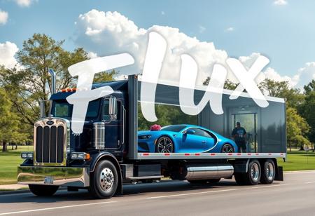 In the park, a large the Kenworth W990 truck was parked on the road with the front facing left, its cargo box was see-through, and inside it was a blue Bugatti sports car with roses on it, White clouds in the sky combine to form the letters "FLUX" in Brush Script MT font