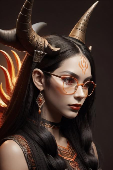 1girl, long hair, black hair, forehead mark, jewelry, looking at viewer, red eyes, bracelet, facial mark, solo, red lips, pointy ears, horns, red nails, round eyewear, makeup, glowing, looking over eyewear, lipstick, nail polish, orange nails, glowing eyes, glasses, nose piercing, lips, animal horns, demon horns, swirling horns,two way horns, horns, <dhevv:az-style:h>