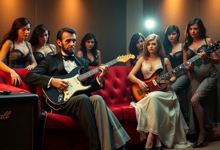 Create an image of Abraham Lincoln playing a Fender Stratocaster electric guitar while sitting on a plush red sofa. Next to him, John F. Kennedy is playing a bass guitar, contributing to the rock-and-roll vibe. The scene is set in a modern room with a Marshall amplifier beside them. Surrounding them are several groupies dressed in 19th-century attire with a sensual twist—women wearing form-fitting Victorian-style dresses with lower necklines and revealing cuts, incorporating lace and corset details. Their poses are alluring, expressing admiration for the two historical figures as they play. The lighting is warm, with a spotlight highlighting Lincoln and Kennedy as the central figures in this unique blend of history and modern rock culture.