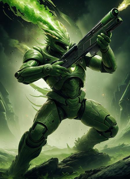 a reptiloid shoots a gun,  dynamic pose, <lora:worldoffire:0.8> worldoffire, (green:1.5), sci-fi